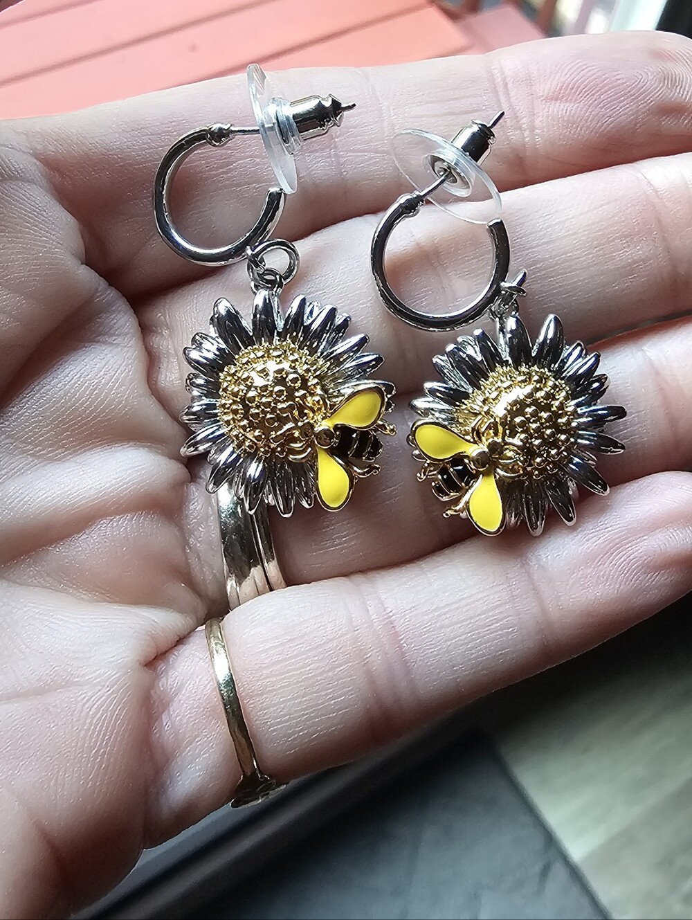 Sunflower and Bee Dangle Hoop Earrings in Silver and Yellow